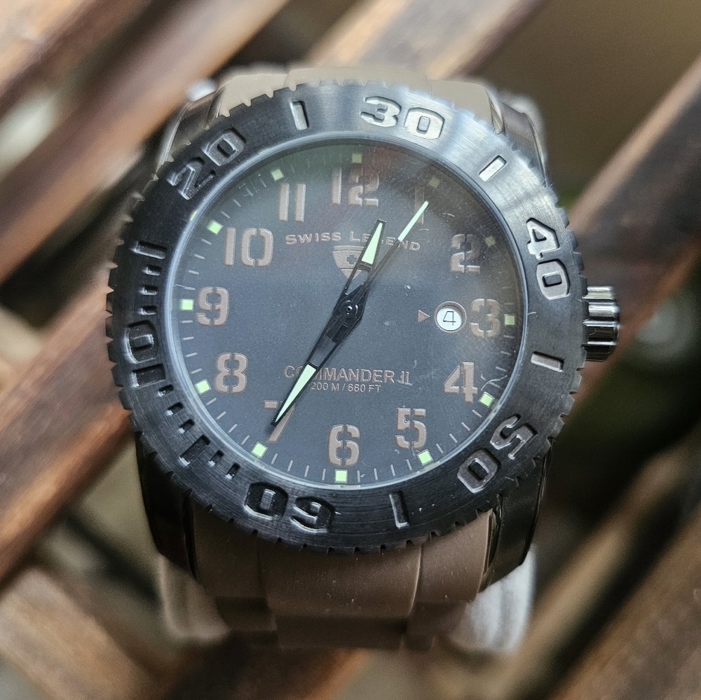 Swiss Legend Commander 46mm Watch 660ft Black Brown Glow Sapphitek Htf